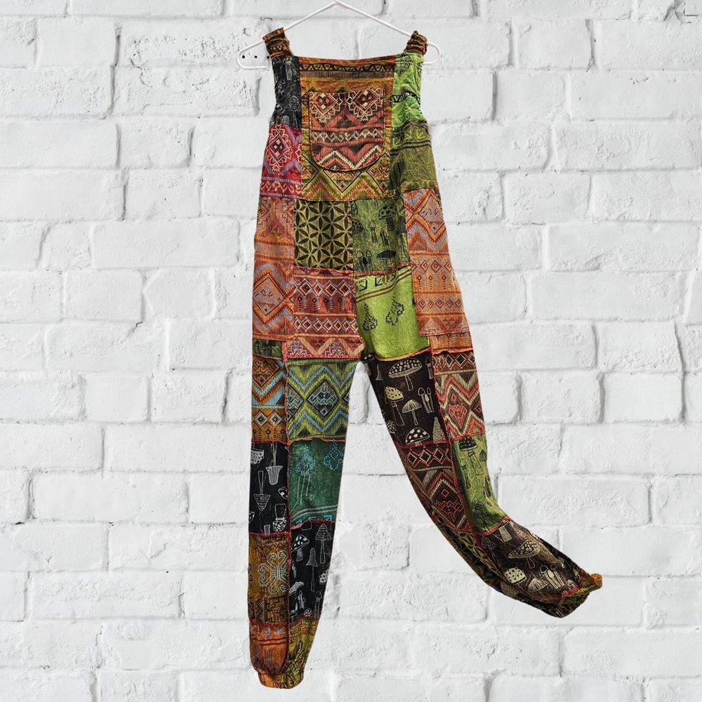 Mushroom Patchwork Jumpsuit Overall Cotton Hippie Bohemian Style Relaxed Fit